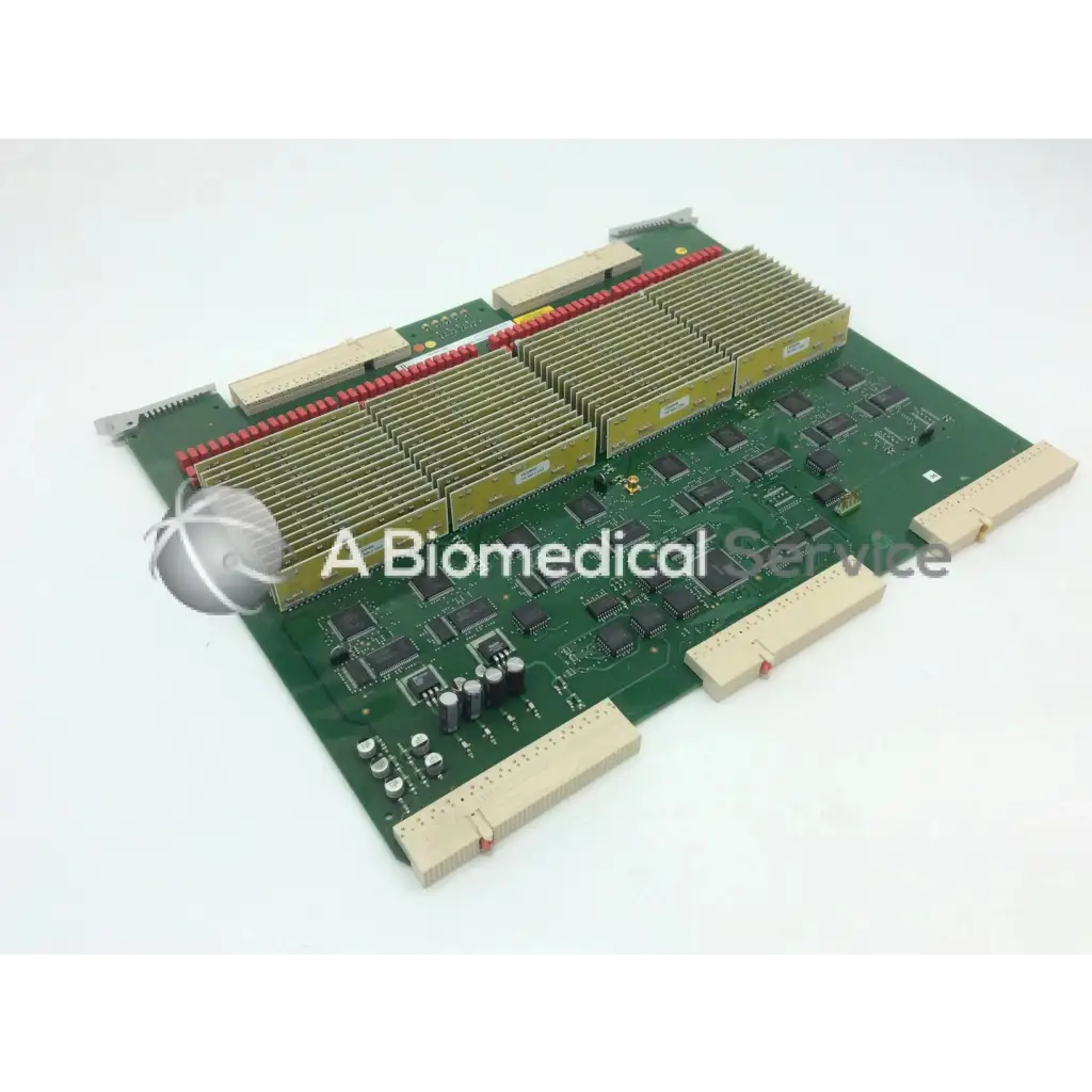 Green circuit board with beige connectors red ribbon cable integrated circuits and heat sinks on ge vivid 7 tx128 transmitter board fc200022-01
