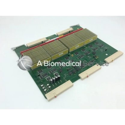Green circuit board with beige connectors red ribbon cable integrated circuits and heat sinks on ge vivid 7 tx128 transmitter board fc200022-01