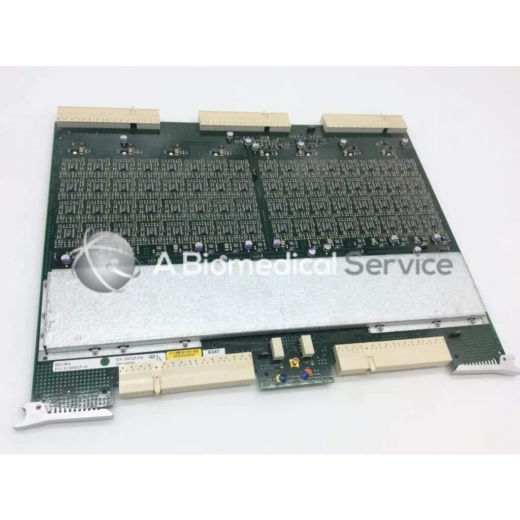 Green circuit board with beige connectors and silver components for ge vivid 9 dimension ultrasound fc200057-05 rev board