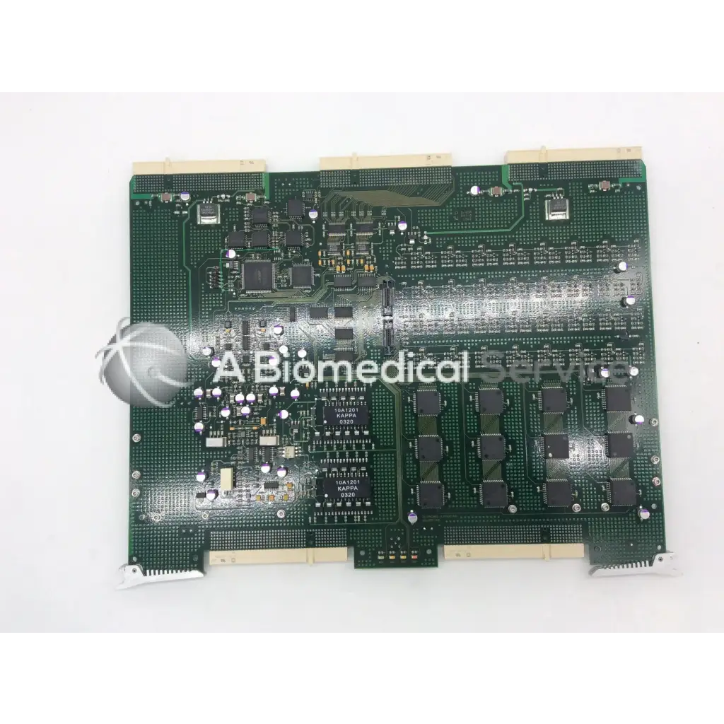 Green circuit board with black integrated circuits and silver solder points for ge vivid 9 dimension ultrasound fc200057-05 rev board