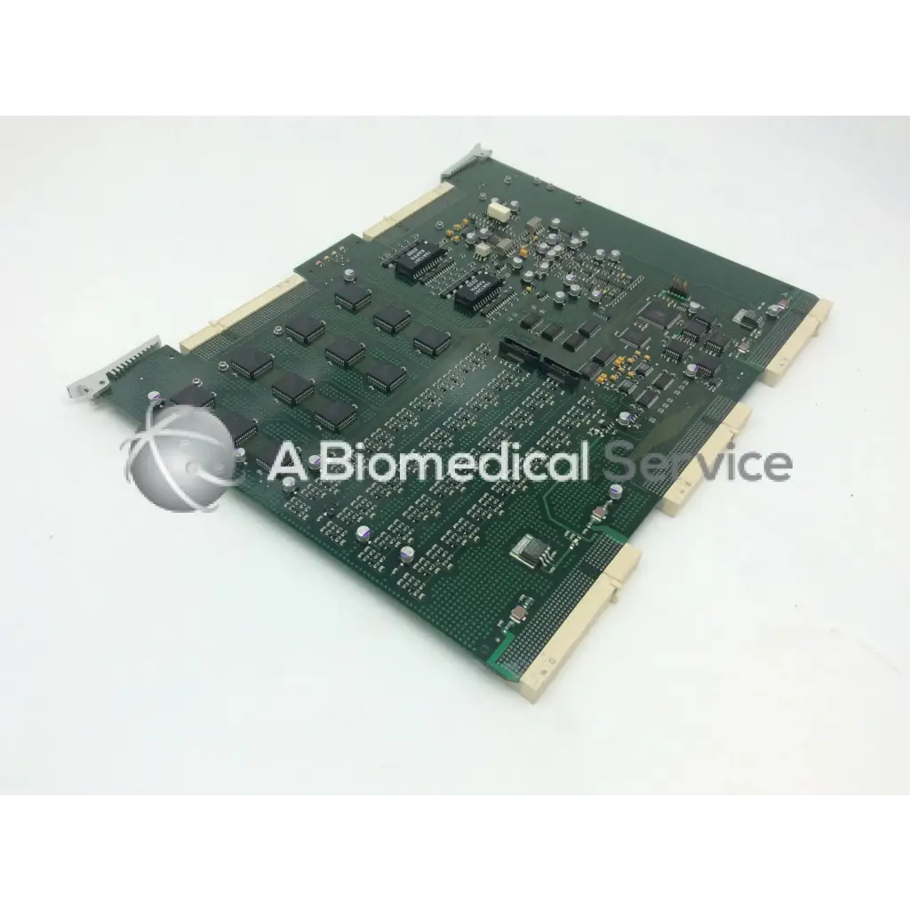 Green circuit board with black integrated circuits and beige connectors for ge vivid 9 dimension ultrasound fc200057-05 rev board