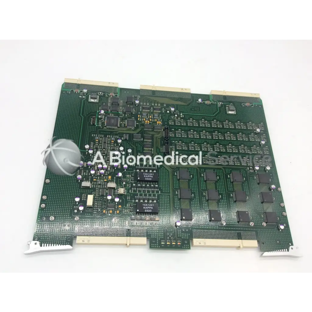 Green printed circuit board with black integrated circuits and gold connectors for ge vivid 9 dimension ultrasound fc200057-05 rev board