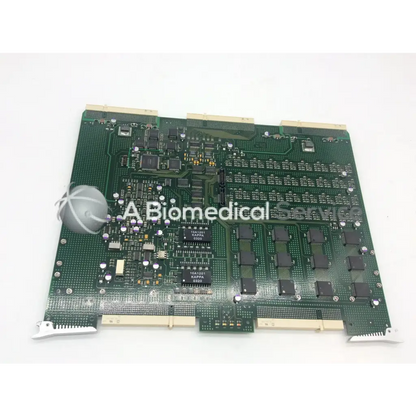 Green printed circuit board with black integrated circuits and gold connectors for ge vivid 9 dimension ultrasound fc200057-05 rev board