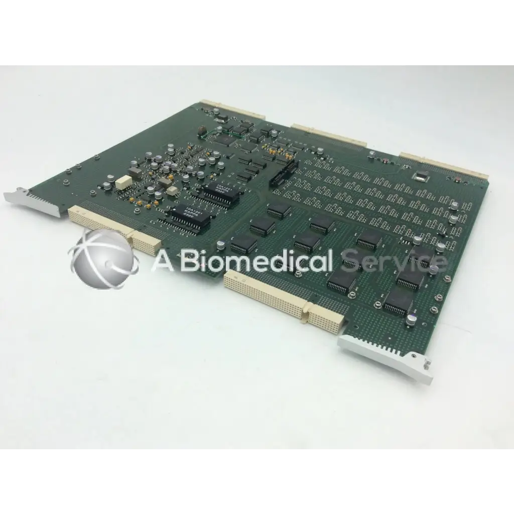 Green circuit board with black integrated circuits and gold connectors for ge vivid 9 dimension ultrasound fc200057-05 rev board