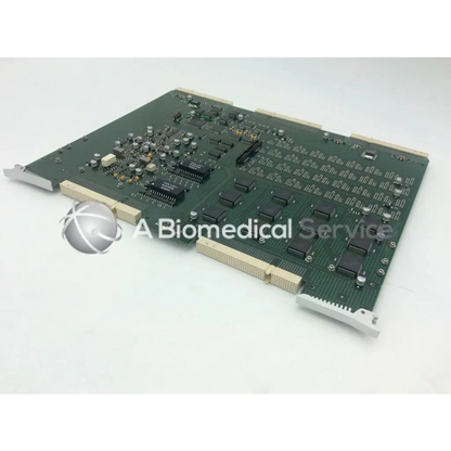 Green circuit board with black integrated circuits and gold connectors for ge vivid 9 dimension ultrasound fc200057-05 rev board