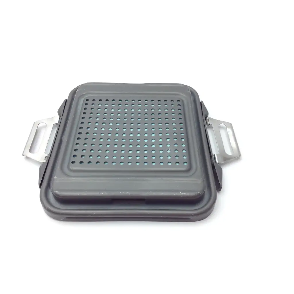 Gray silicone genesis case sterilization container with perforated surface and metallic side handles for case sterilization