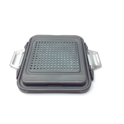 Gray silicone genesis case sterilization container with perforated surface and metallic side handles for case sterilization