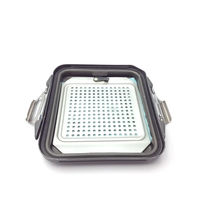 Black and silver genesis case sterilization container with perforated metal insert for zimmer tools tray