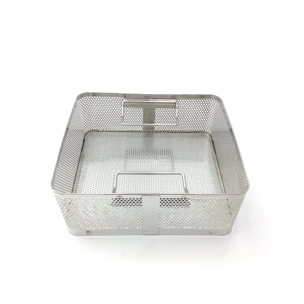 Silver stainless steel mesh surgical instrument basket with reinforced handle and divider for genesis case sterilization container
