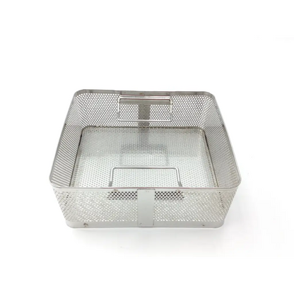 Silver stainless steel mesh surgical instrument basket with reinforced handle and divider for genesis case sterilization container
