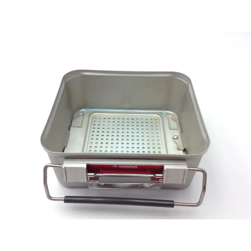 Silver genesis case sterilization container with perforated interior and black-handled carrying loop for zimmer tools