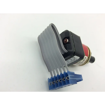 Black and red industrial push button rotary switch with gray ribbon cable and blue terminal connector grayhill 61b15-01-02-020