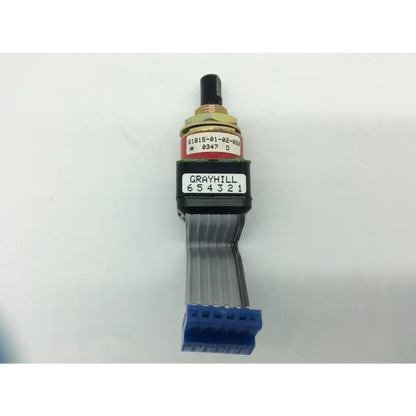 Grayhill 61b15-01-02-020 rotary switch with brass body, black knob pressure switch, and blue connector