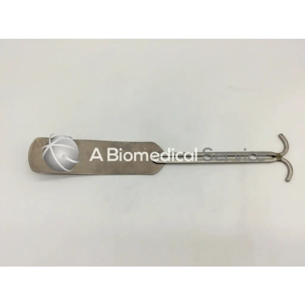 Silver metallic balfour abdominal retractor with rounded handle embossed globe and curved forked tip abdominal retractor medical instrument