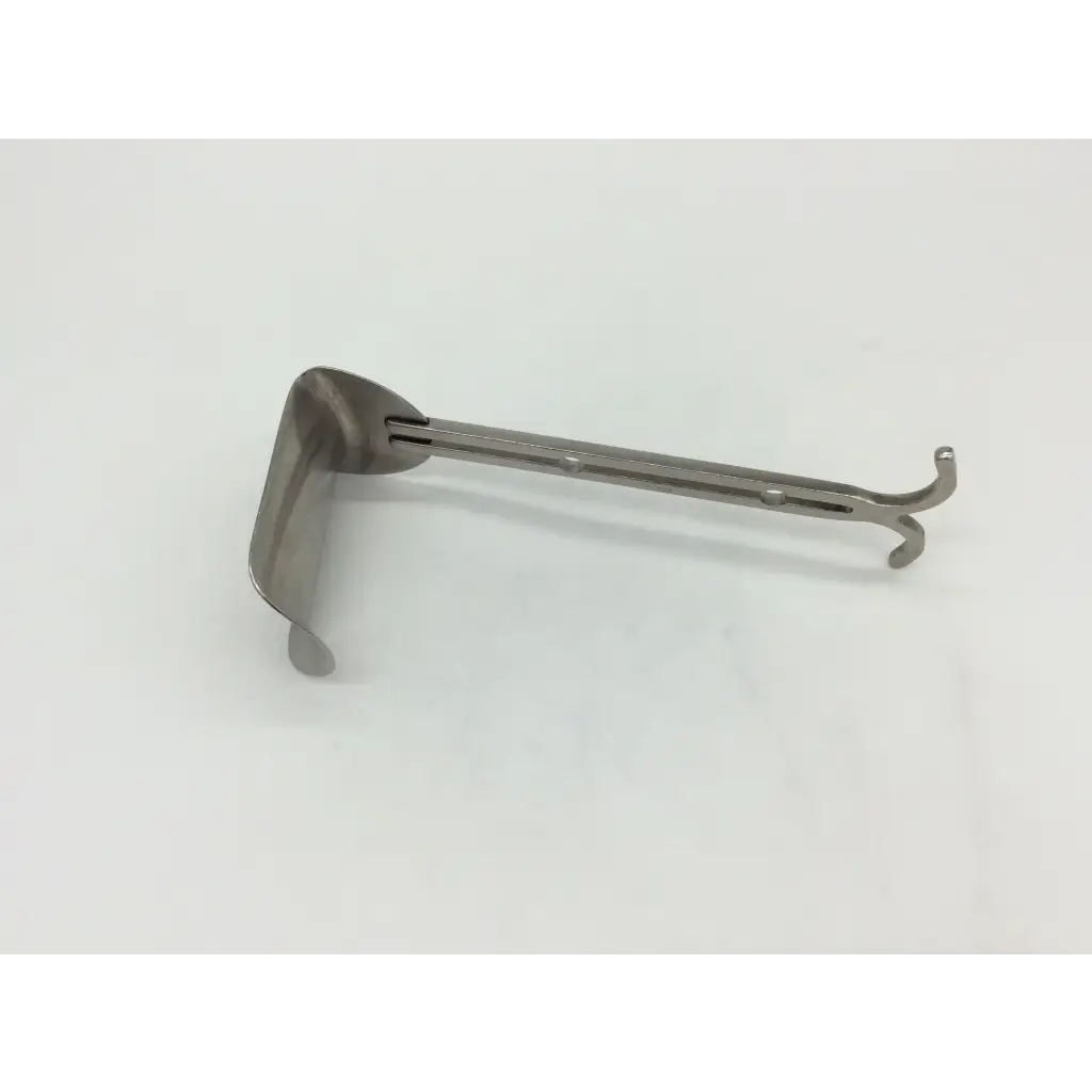 Stainless steel medical laryngoscope with curved handle and angled blade used with balfour abdominal retractor