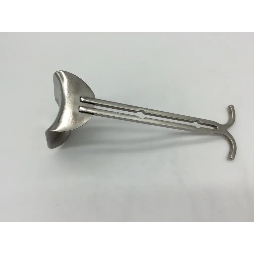 Silver surgical balfour abdominal retractor with curved crescent-shaped head and two hook-tipped parallel arms