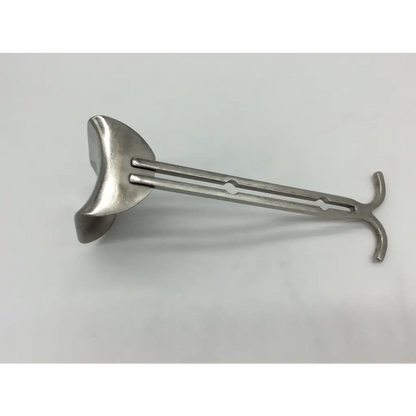 Silver surgical balfour abdominal retractor with curved crescent-shaped head and two hook-tipped parallel arms