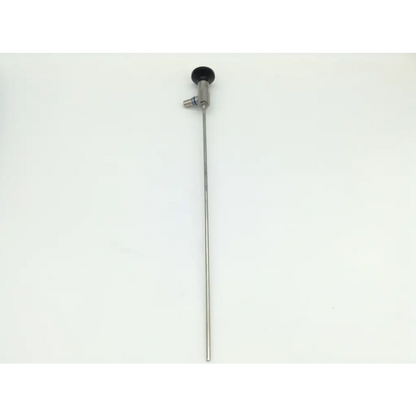 Silver gynecare 4mm 12° hysteroscope with black rubberized handle and small valve near the top
