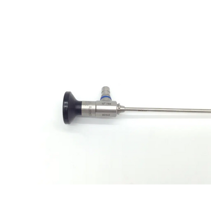 Silver gynecare 4mm 12° hysteroscope with black handle and metallic shaft engraved with 12° fma near joint