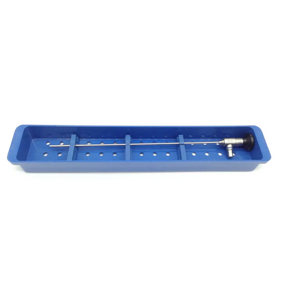 Gynecare 4mm 12° hysteroscope with a sleek black handle and silver shaft resting in a blue plastic tray