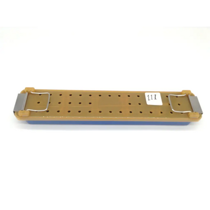 Tan plastic dental tray with silver metal clasps and blue base for gynecare 4mm 12° hysteroscope use