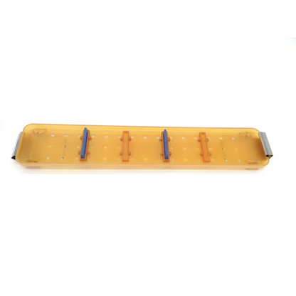 Transparent orange plastic tray with four blue and two tan slots and metallic end caps for gynecare 4mm 12° hysteroscope