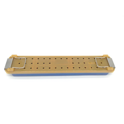 Beige and blue plastic pegboard with metal hooks at each end for organizing gynecare 4mm 12° hysteroscope accessories