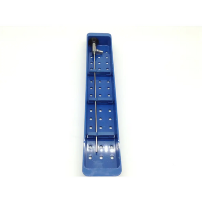 Blue plastic surgical instrument tray holding a metallic gynecare 4mm 12° hysteroscope with black handle and threaded shaft