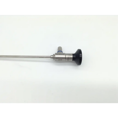 Silver surgical gynecare 4mm 12° hysteroscope with black handle and engraved markings for precise gynecological use