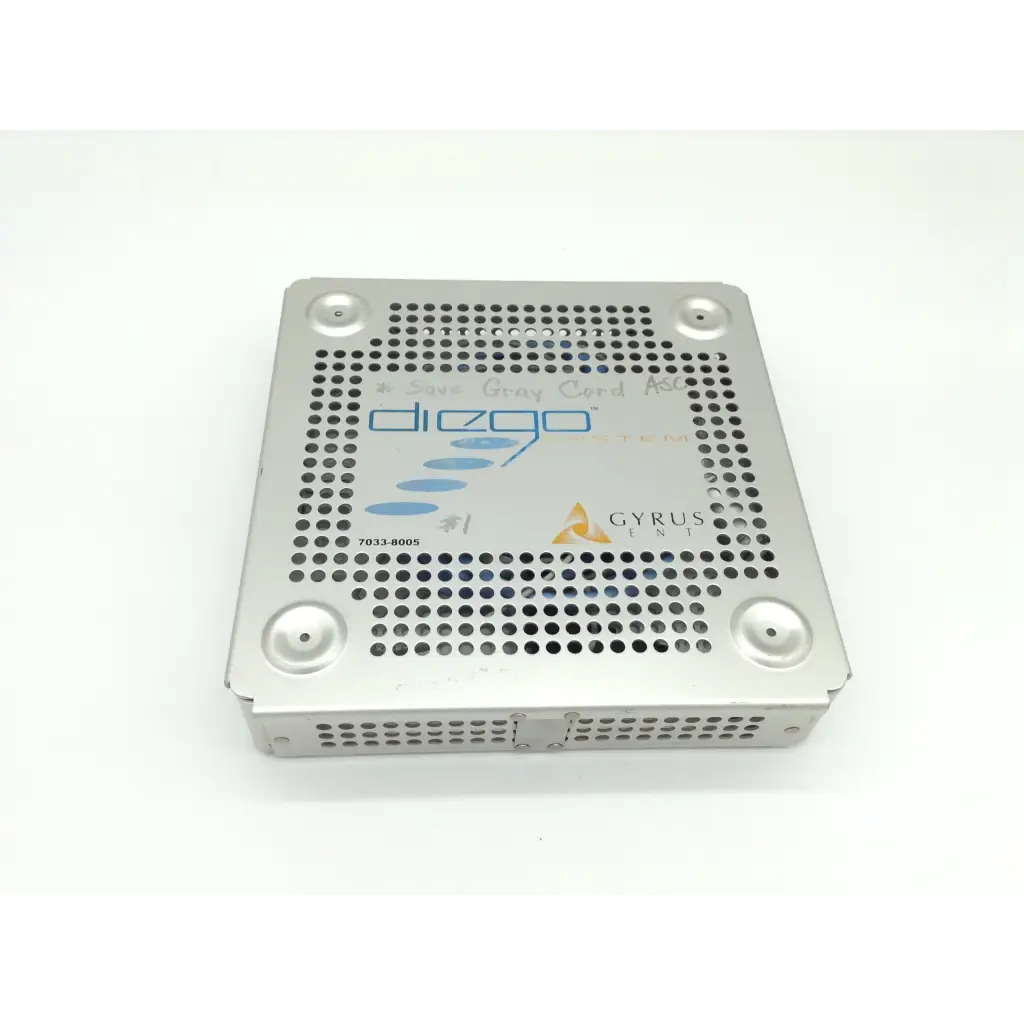Silver perforated metal surgical instrument tray with diego and gyrus acmi branding for diego shaver handpiece storage