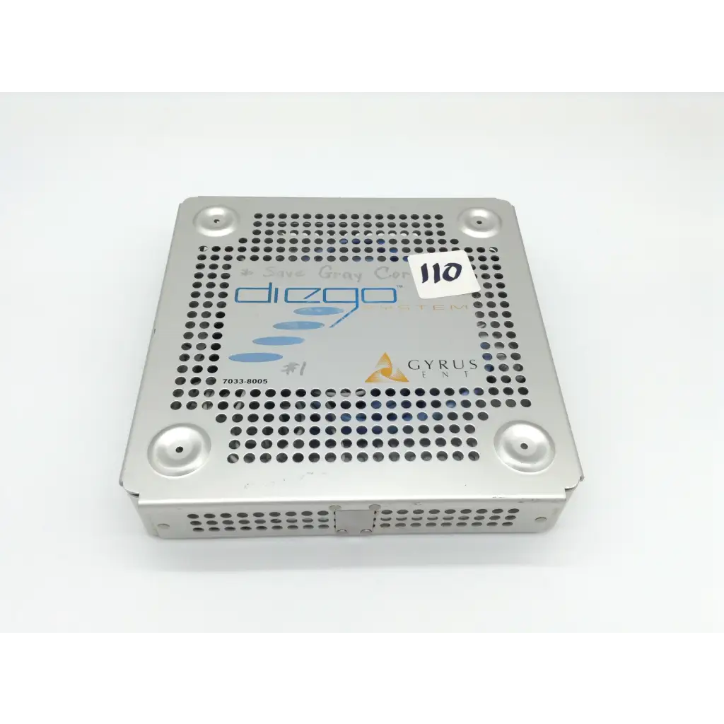 Silver perforated metal surgical instrument tray with diego and gyrus branding for gyrus acmi diego shaver handpiece