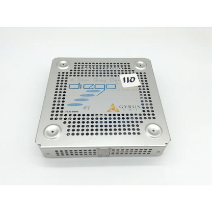 Silver perforated metal surgical instrument tray with diego and gyrus branding for gyrus acmi diego shaver handpiece