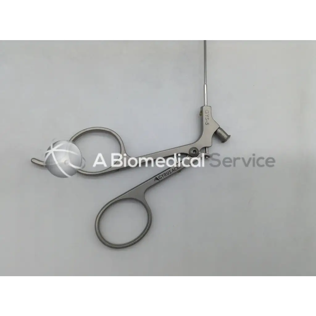 Silver gyrus acmi semi rigid scissors with long slender handle and two circular finger loops for surgical use