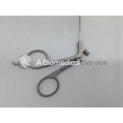 Silver gyrus acmi semi rigid scissors with long slender handle and two circular finger loops for surgical use