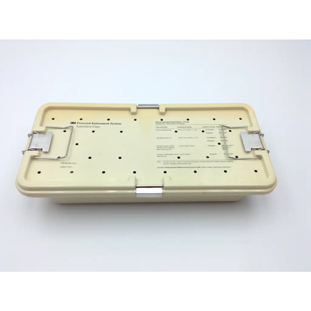 Beige 3m powered instrument autoclave case with metal clasps and printed labeling chart for maxi-driver ii autoclave