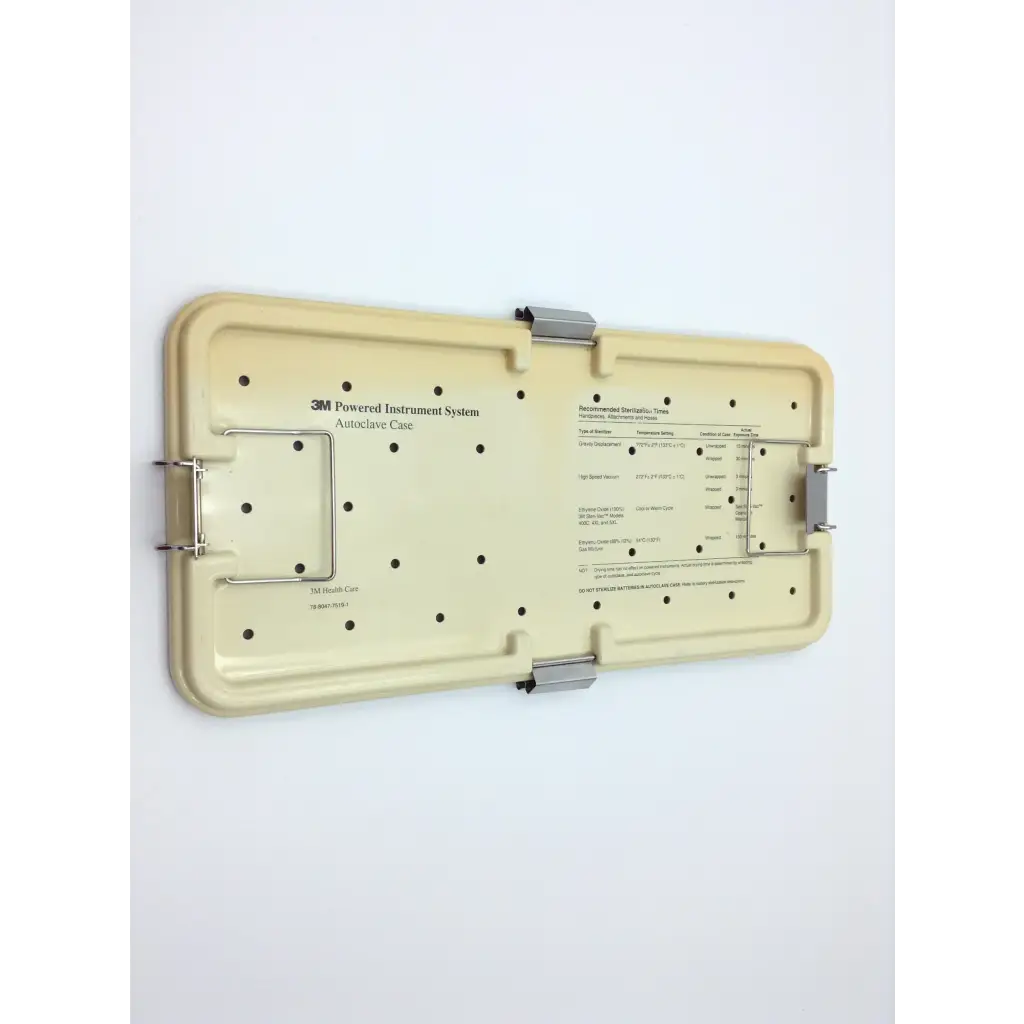 Beige plastic 3m autoclave case with metal clasps and printed labeling for maxi-driver ii autoclave system
