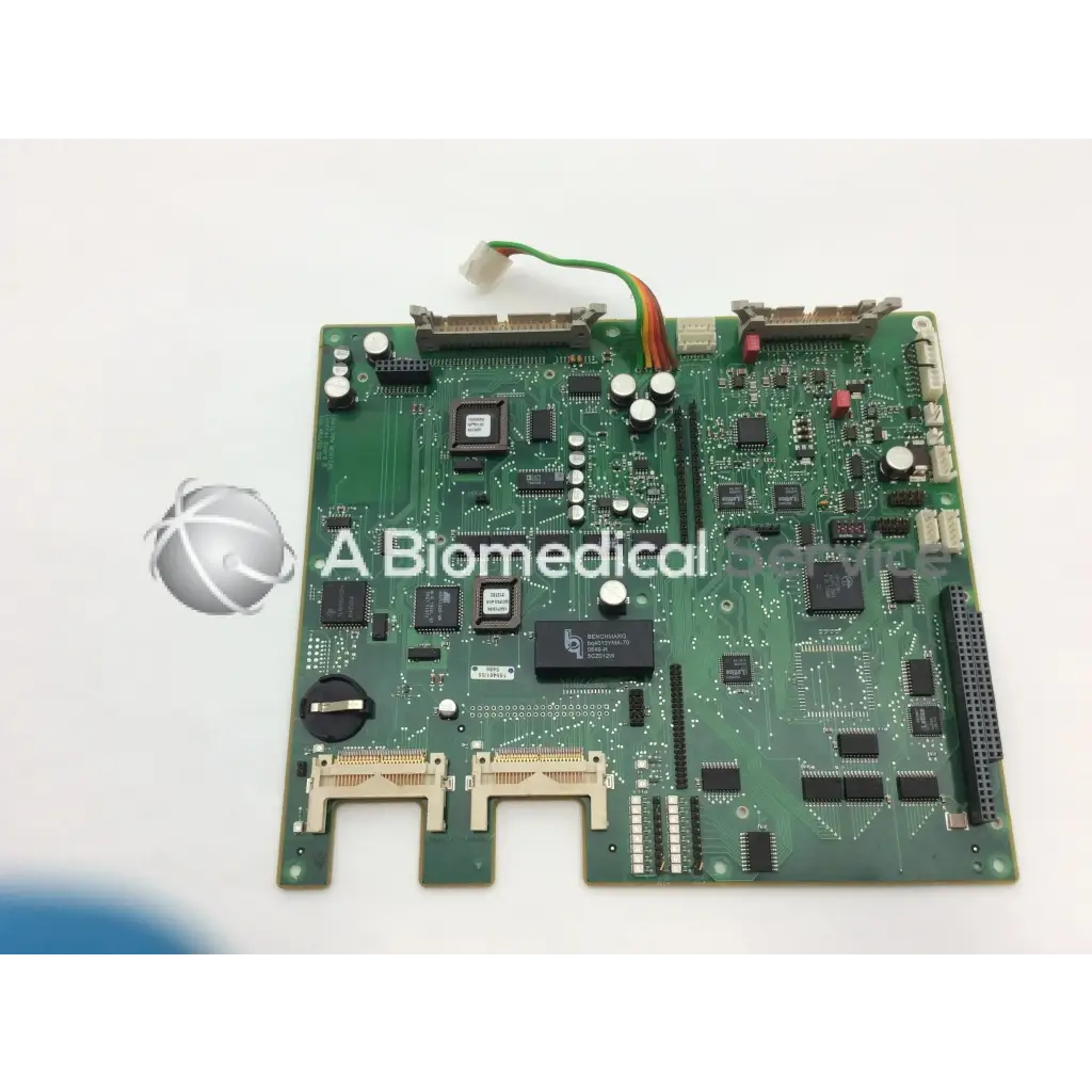 Green printed circuit board with tl16c550cfn and ad7837arz bbcf1-1 components and green orange ribbon cable from hamilton medical 155.463/02 board