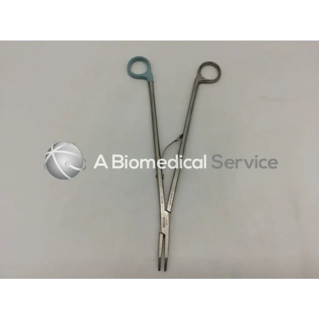 Silver medium curved open ligating clip appliers with teal ring and circular handle made of polished metal