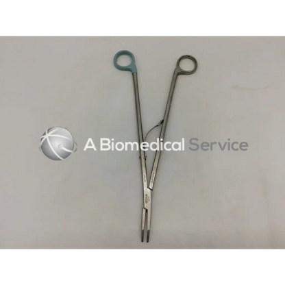 Silver medium curved open ligating clip appliers with teal ring and circular handle made of polished metal