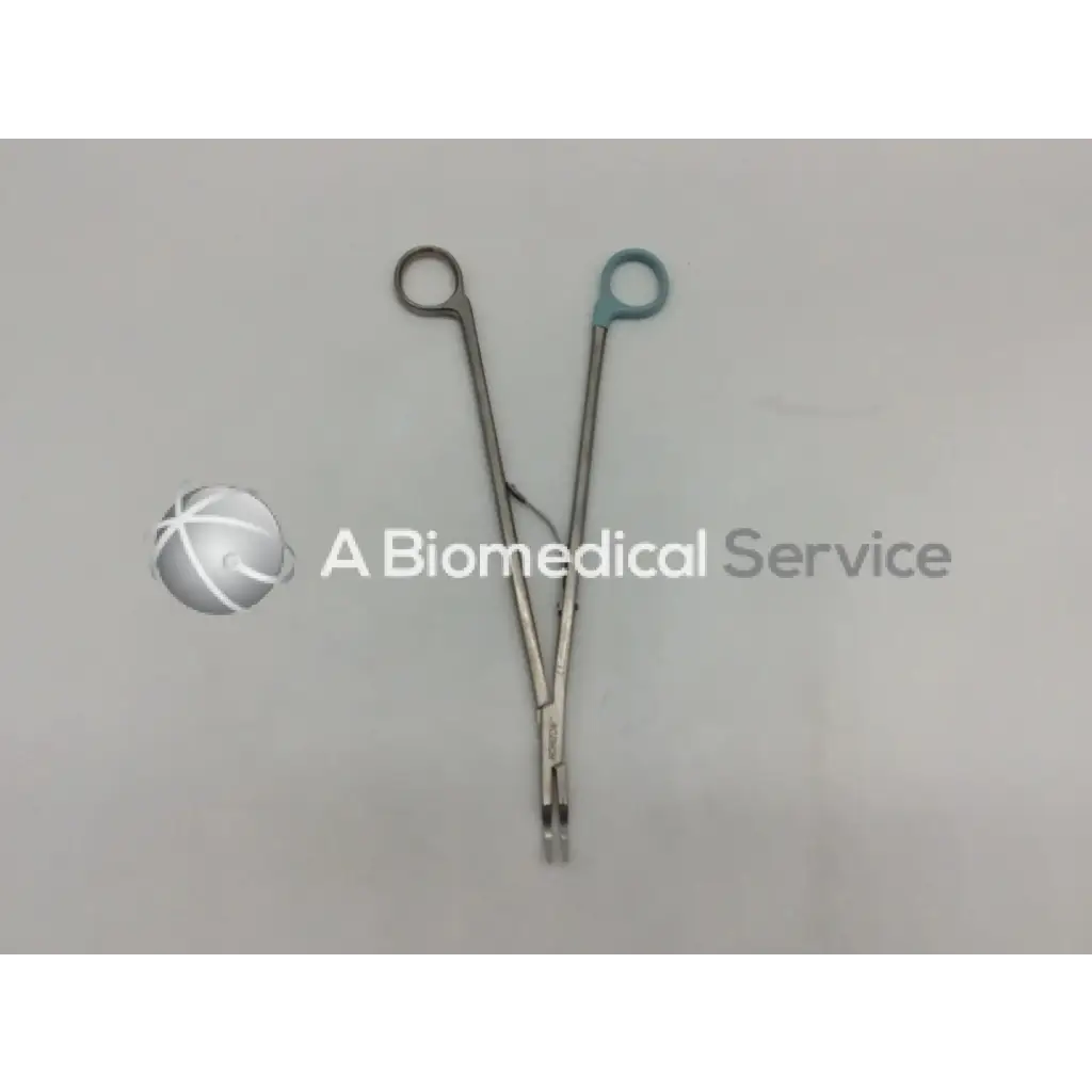 Silver surgical medium curved open ligating clip appliers with teal handles for orthopedic use