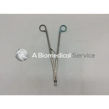 Silver surgical medium curved open ligating clip appliers with teal handles for orthopedic use