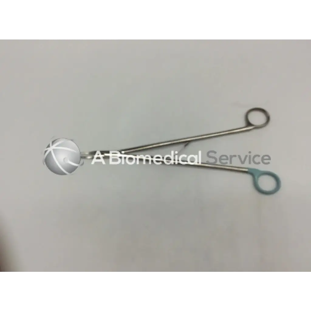Silver medium curved open ligating clip appliers with spherical textured head and teal finger loops for orthopedic use