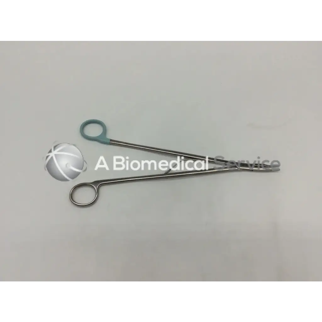 Silver medium curved open ligating clip appliers with teal handles for orthopedic use