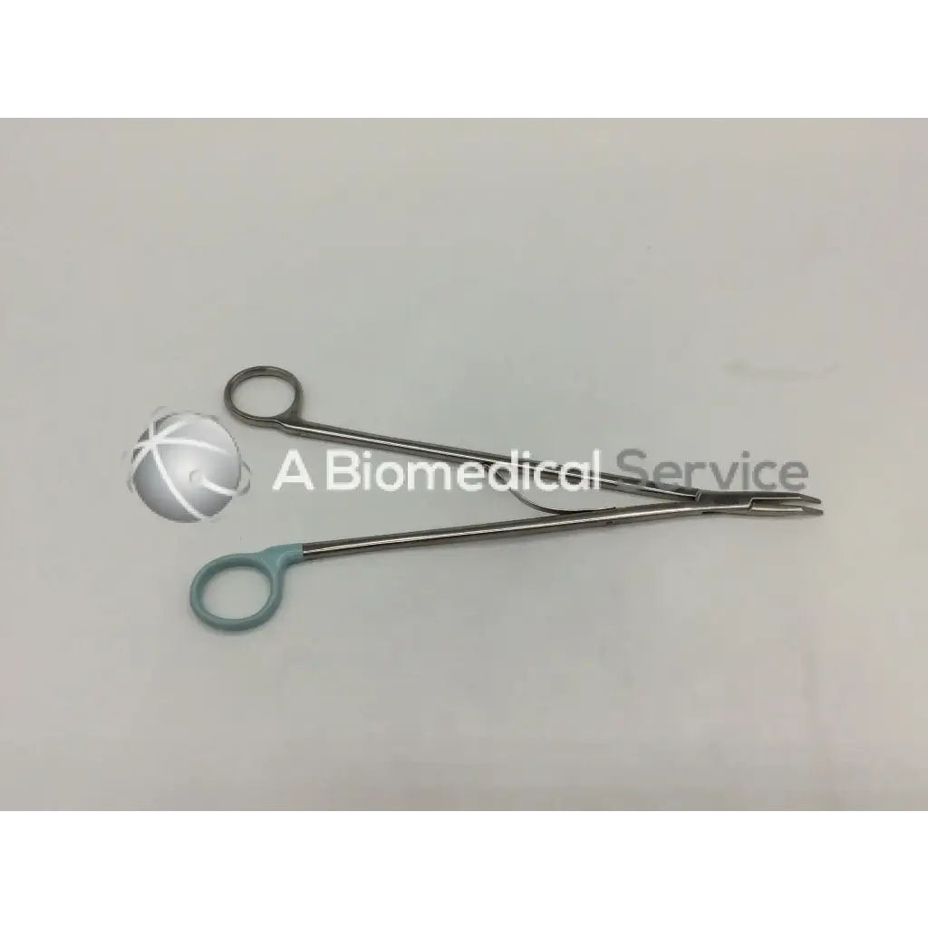 Silver medium curved open ligating clip appliers with teal handles for orthopedic use