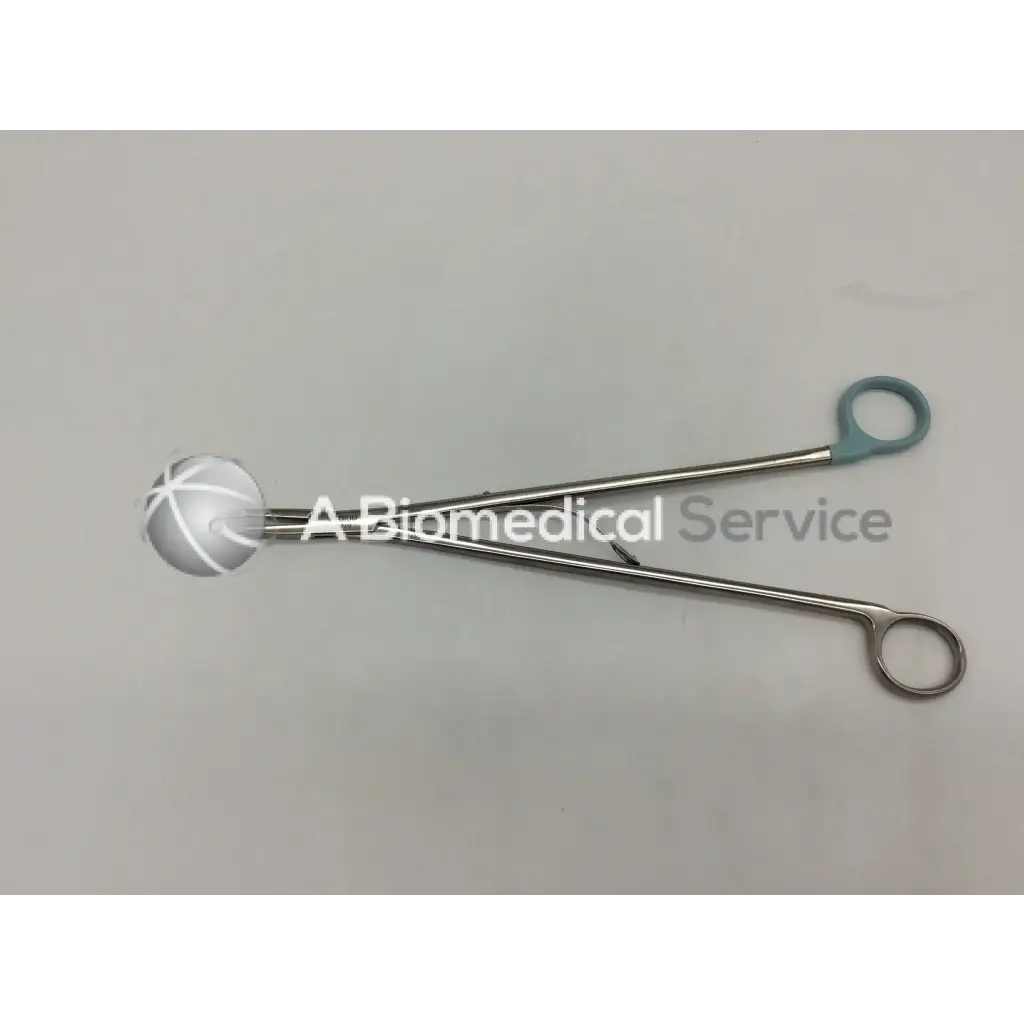 Silver medium curved open ligating clip applier with textured spherical tip and teal finger loops for orthopedic use