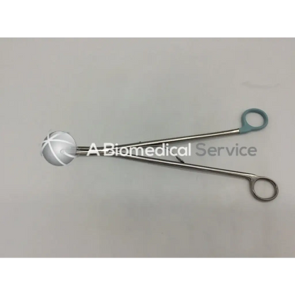 Silver medium curved open ligating clip applier with textured spherical tip and teal finger loops for orthopedic use