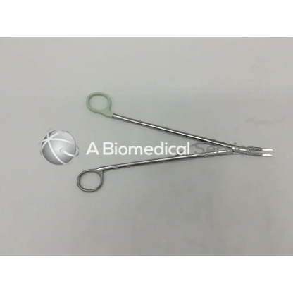 Silver open ligating clip appliers medium with light green ring handle and precision-tipped curved forceps
