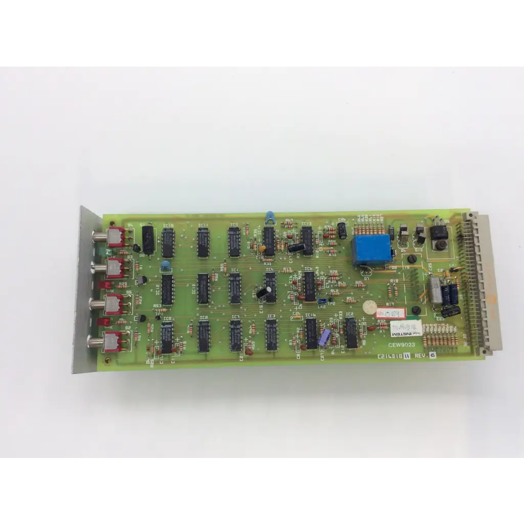 Instem c21401811 rev c circuit board with green pcb black integrated circuits red blue capacitors and silver connector edge