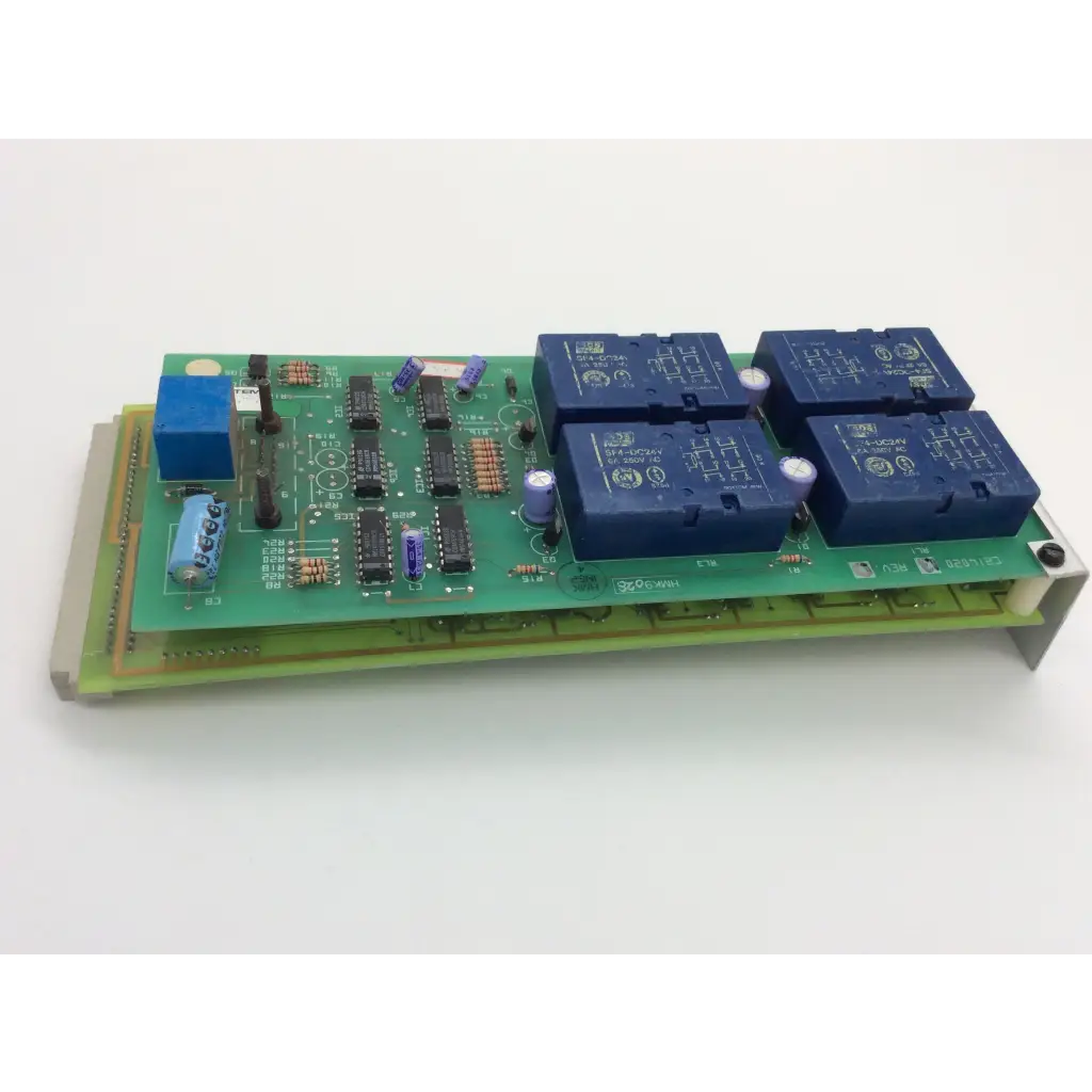 Green printed circuit board with four blue relays and components instem c21401811 rev c cew9023 c214020 rev d board