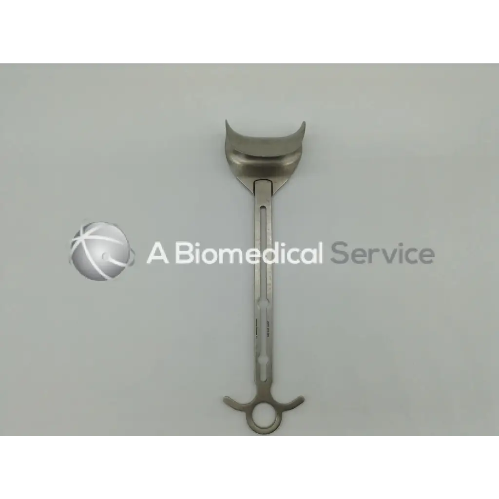A sleek metallic integra jarit balfour center blade surgical speculum with curved upper blade and integrated ring handle